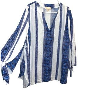 Michael Kors Blue & White Stripped Tunic boho Blouse Top tie sleeves Flowy 2x
